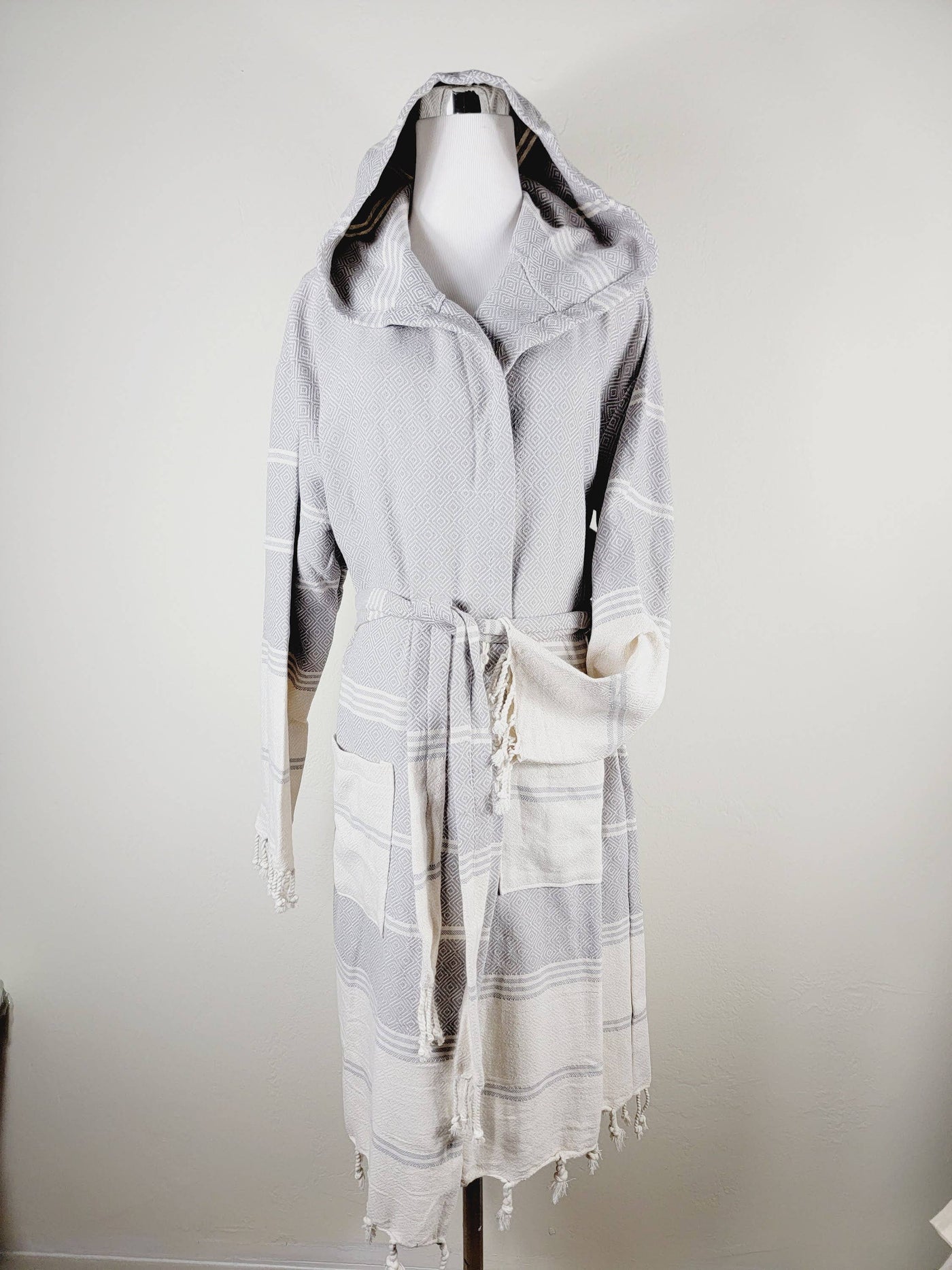 Gray Hooded Stripe Turkish Towel Beach Robe