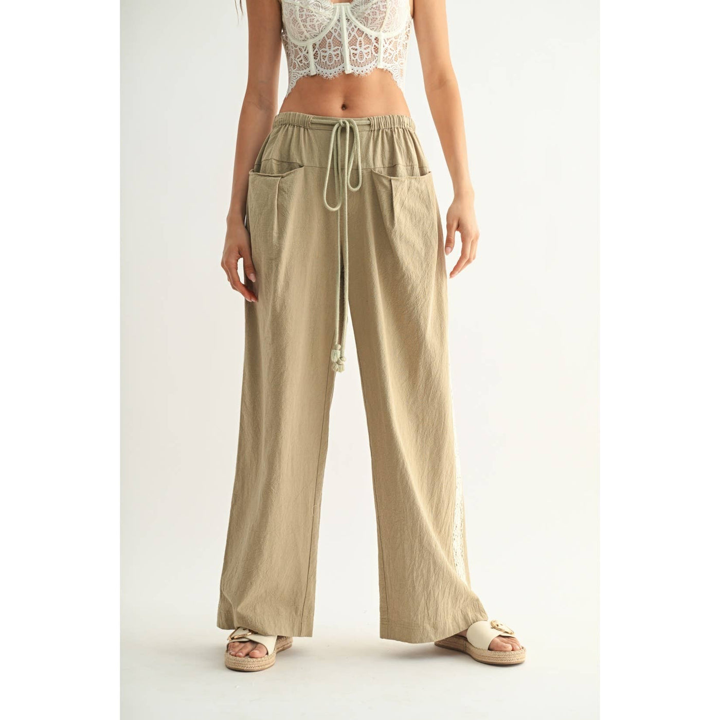 Cotton Linen Trousers with Lace Detail