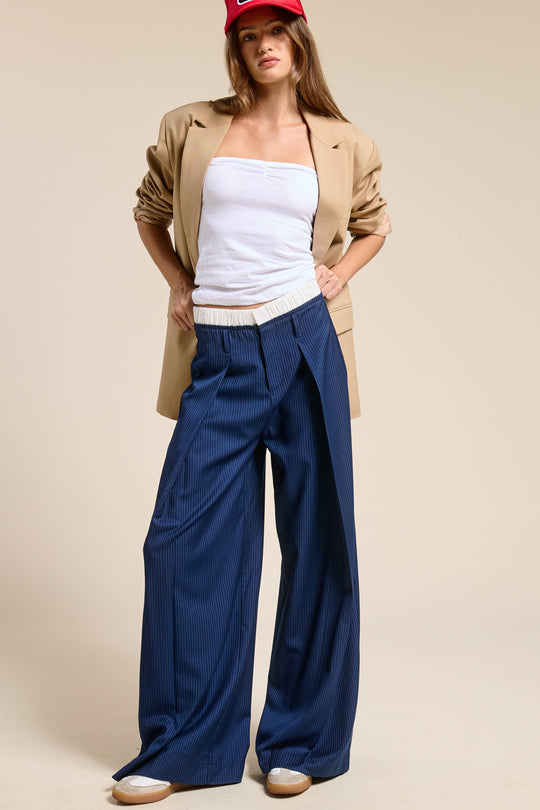 Pinstripe Wide Leg Pants with Contrast Waistband
