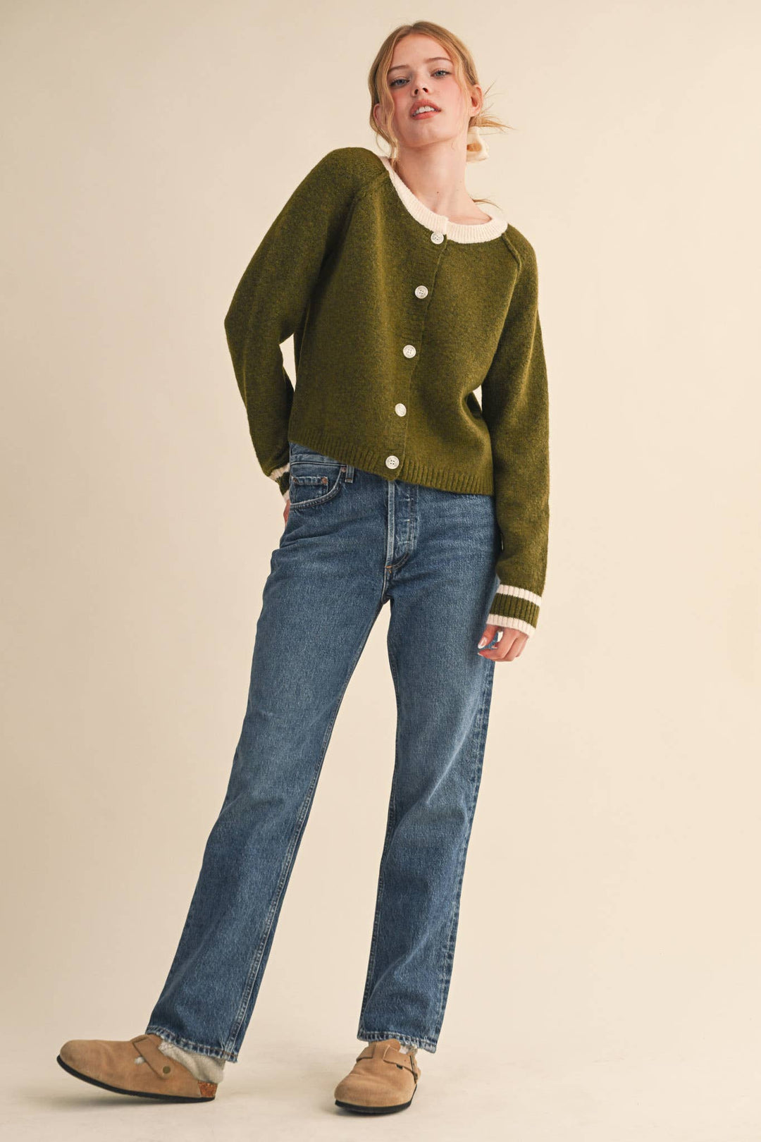 Olive & Cream Round Neck Cardigan
