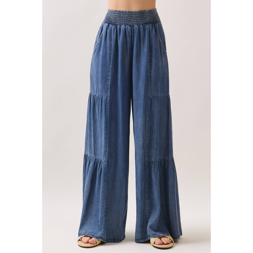 Denim Tencel Tiered Wide Leg Pants