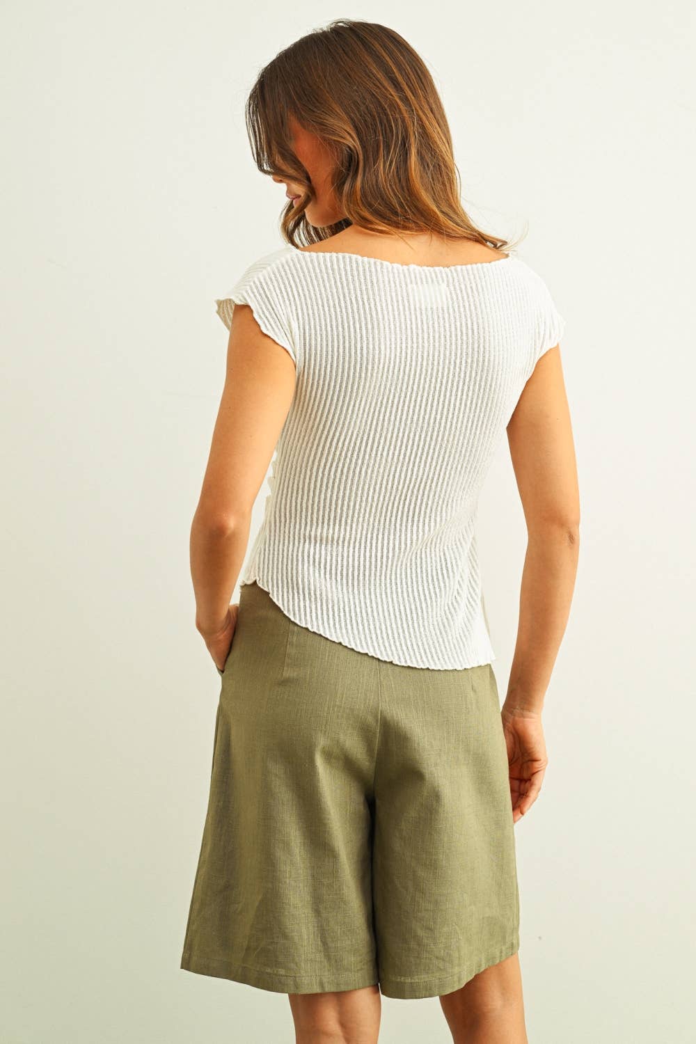 Crinkled Cap Sleeve Shirred Tee