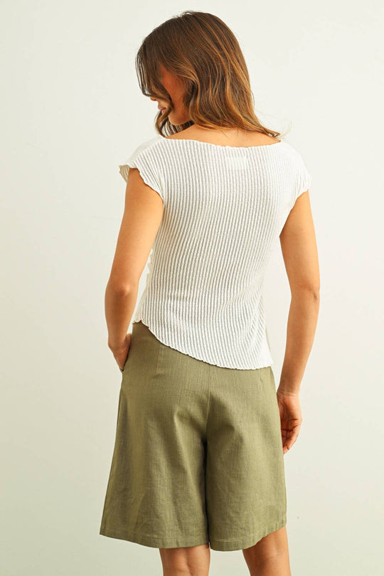 Crinkled Cap Sleeve Shirred Tee