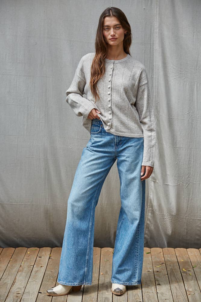 Button Down Long Sleeve Cardigan in Gray