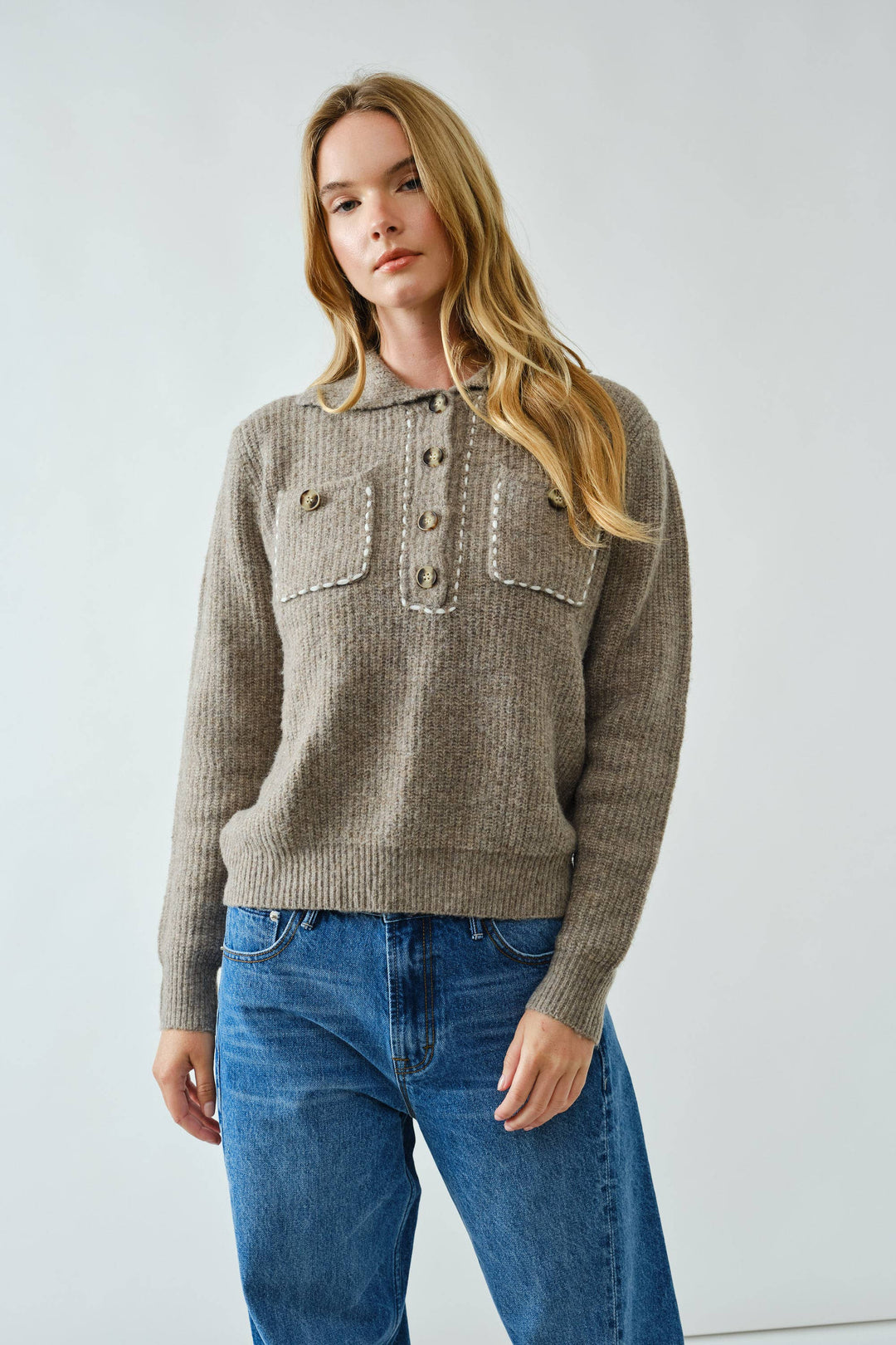 Stich Detail Button Up Pullover