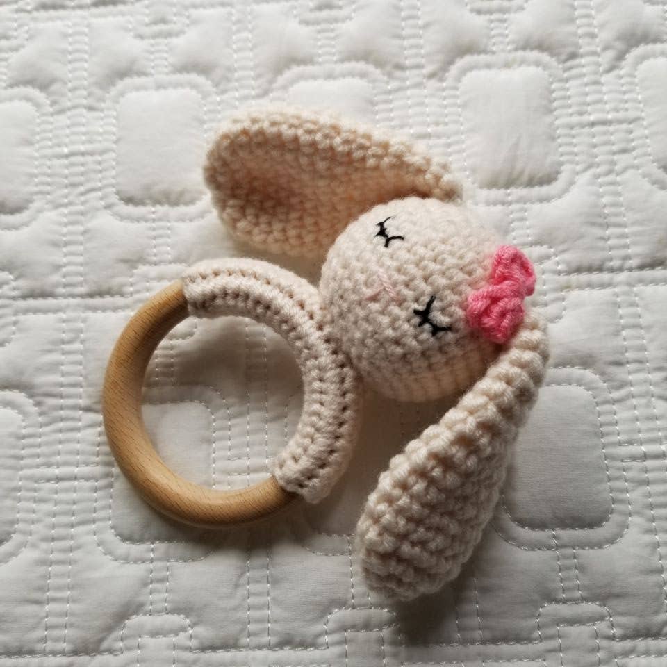 Bunny Hand Crocheted Cotton and Wood Rattle