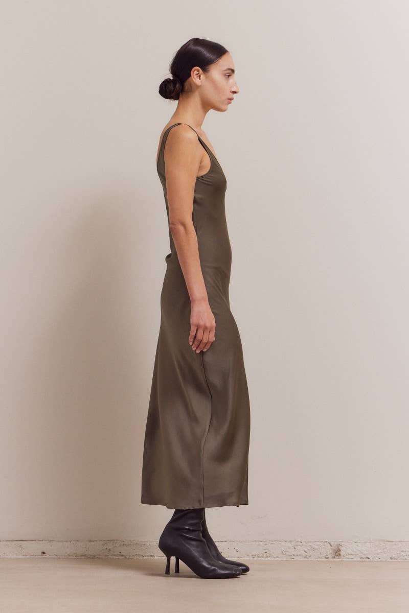 Satin Round Neck Midi Dress