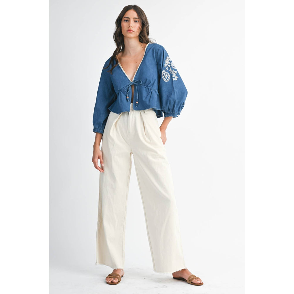 Denim Embroidered Cropped Peasant Blouse