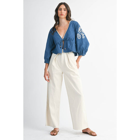 Denim Embroidered Cropped Peasant Blouse