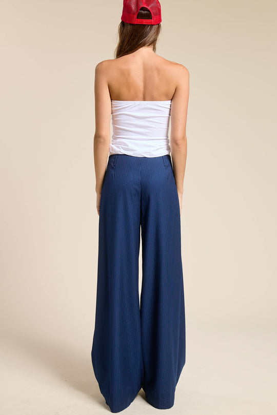 Pinstripe Wide Leg Pants with Contrast Waistband