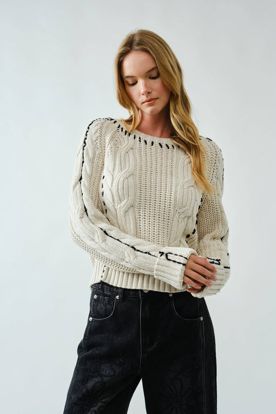 Cable Knit Sweater With Stitched Detail