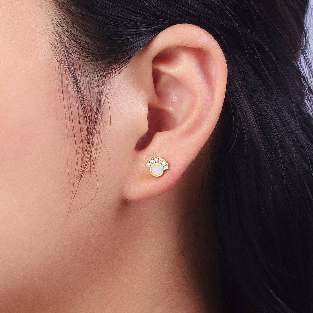 24K Gold Filled Micro Paved Round White Opal Stud Earrings