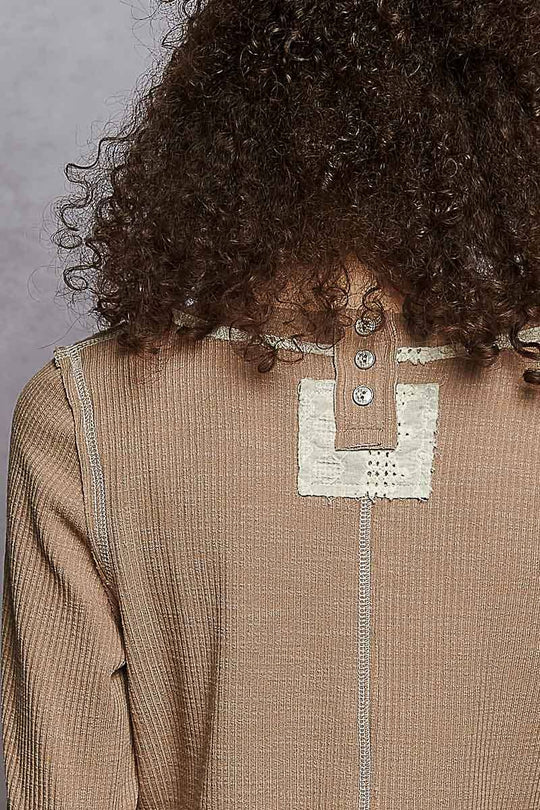 Long Sleeve Raw Edge Patch Rib Knit Top