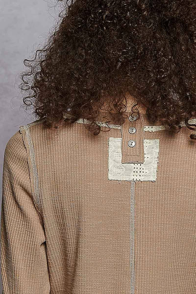 Long Sleeve Raw Edge Patch Rib Knit Top