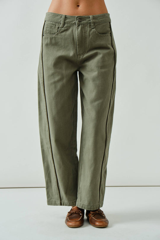 Olive Barrel Jeans with Piping Detail