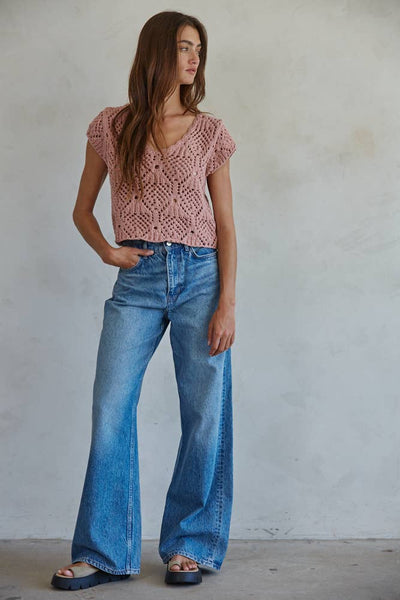 Crochet Knit Cotton V Neck Sweater