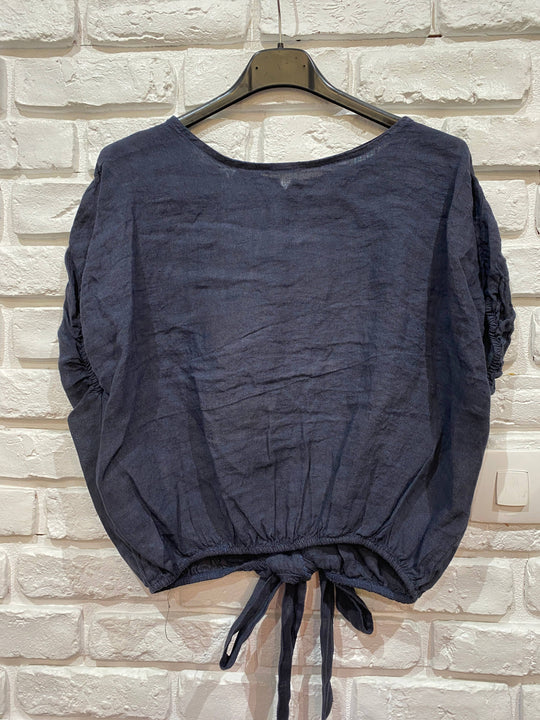 Button Back Tie Waist Linen Top