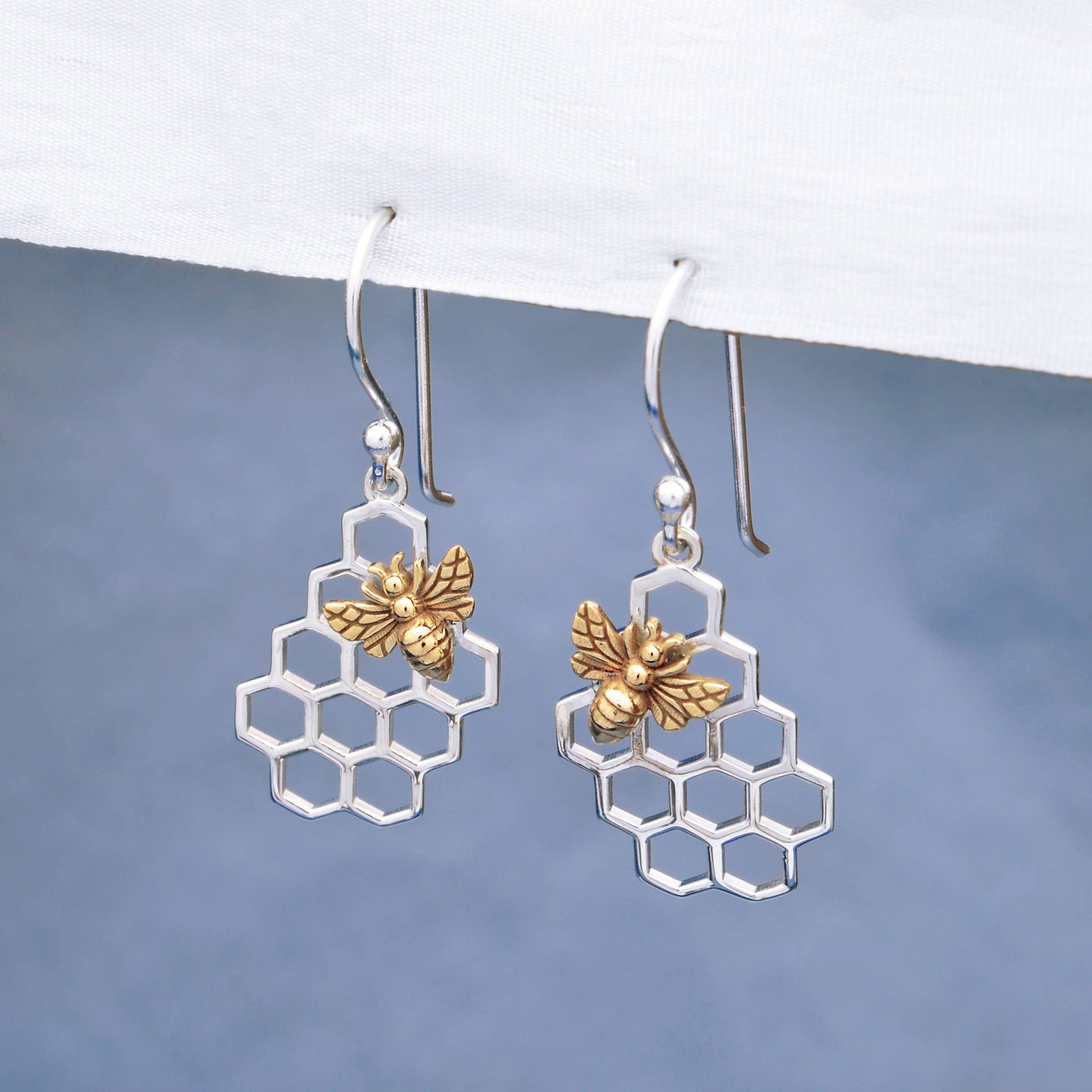 Silver Honeycomb Dangle Earring with Bronze Bee