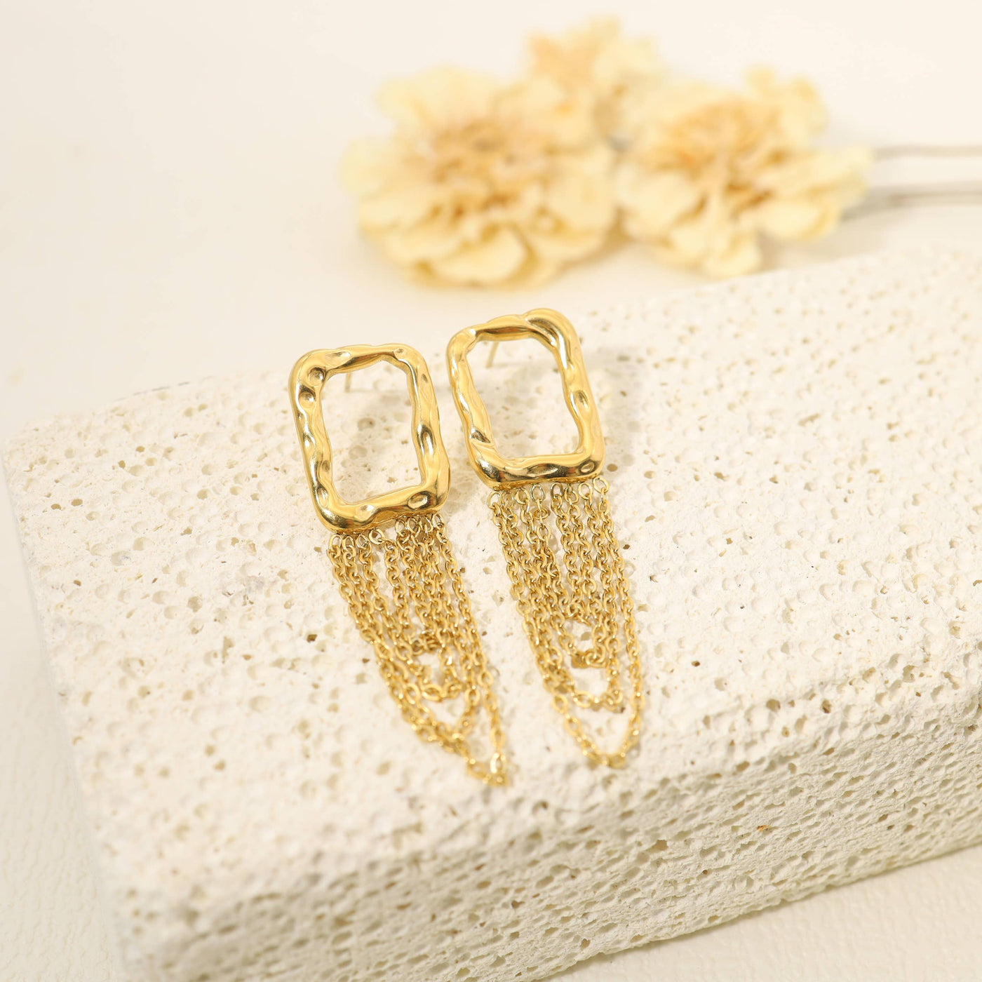 Hammered Square Earrings with Dangling Chains