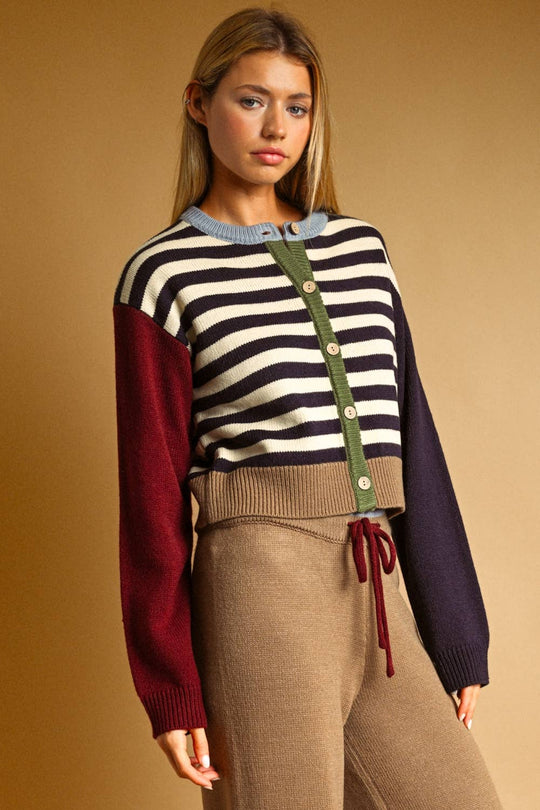 Stripe & Colorblock Button Cardigan