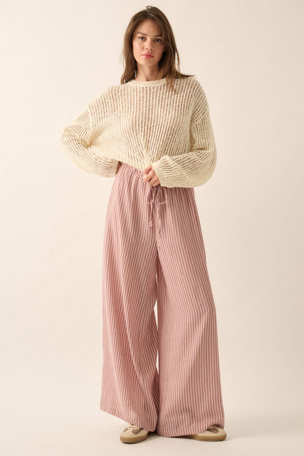 Stripe-Print Woven Wide-Leg Drawstring Pants