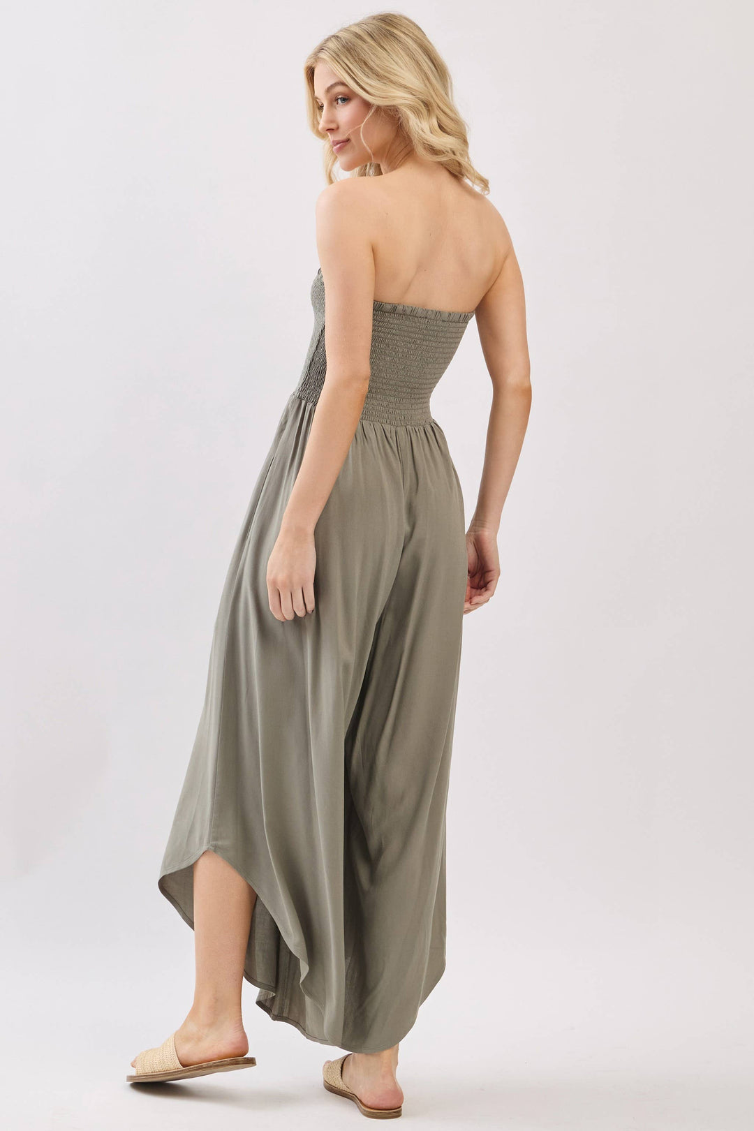 Solid Smocked Detailed Off Shoulder Jumpsuit