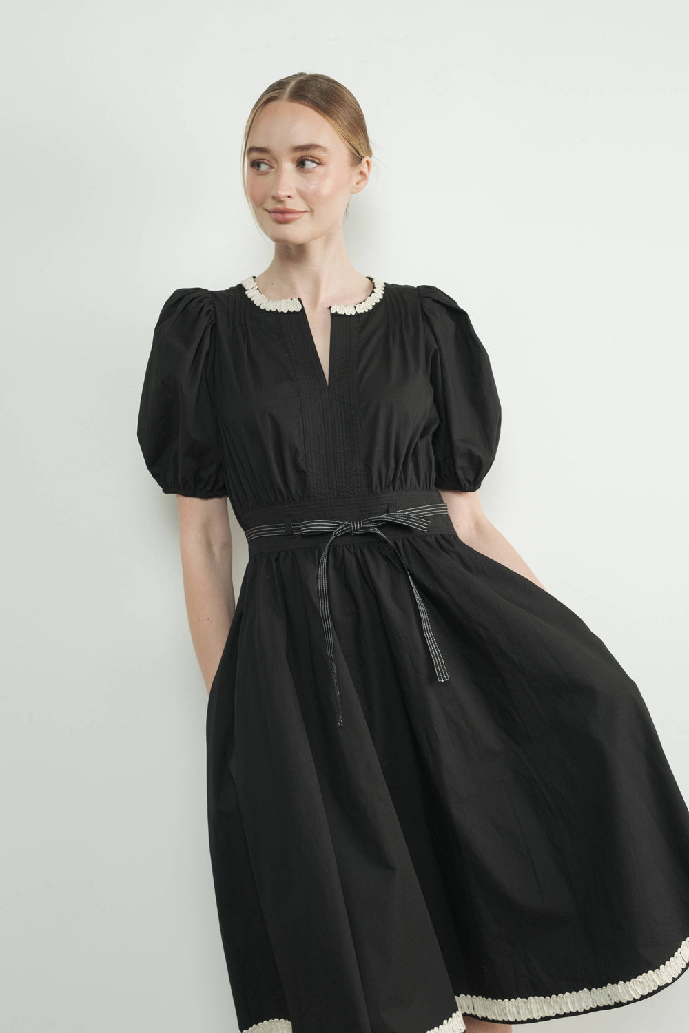 Embroidered Midi Dress with Puff Sleeve