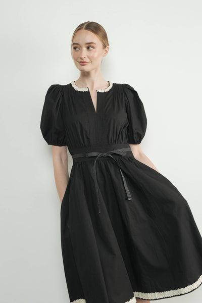 Embroidered Midi Dress with Puff Sleeve