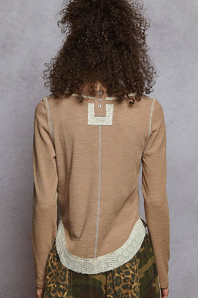 Long Sleeve Raw Edge Patch Rib Knit Top