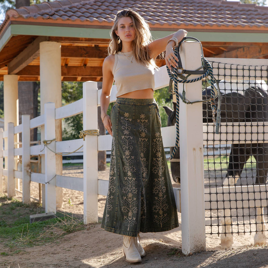 Artisan Floral Embroidered Denim Maxi Skirt
