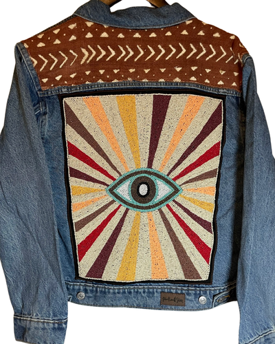 Pink and Silver Embellished MED WASH Denim Jacket w/ Evil Eye - Simple Good