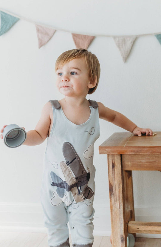 Organic Appliqué Harem Romper in Little Airplane