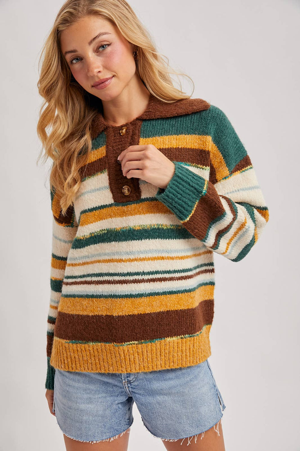 Multi-Colored Striped Polo Sweater