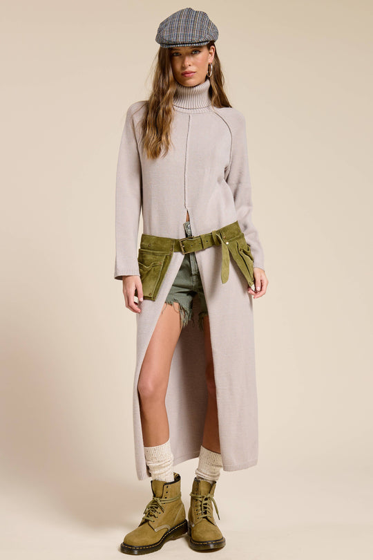 Ribbed Turtleneck Tunic Sweater Dress with Slit