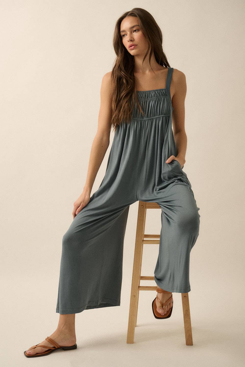 Solid Modal Knit Wide-Leg Cropped Jumpsuit