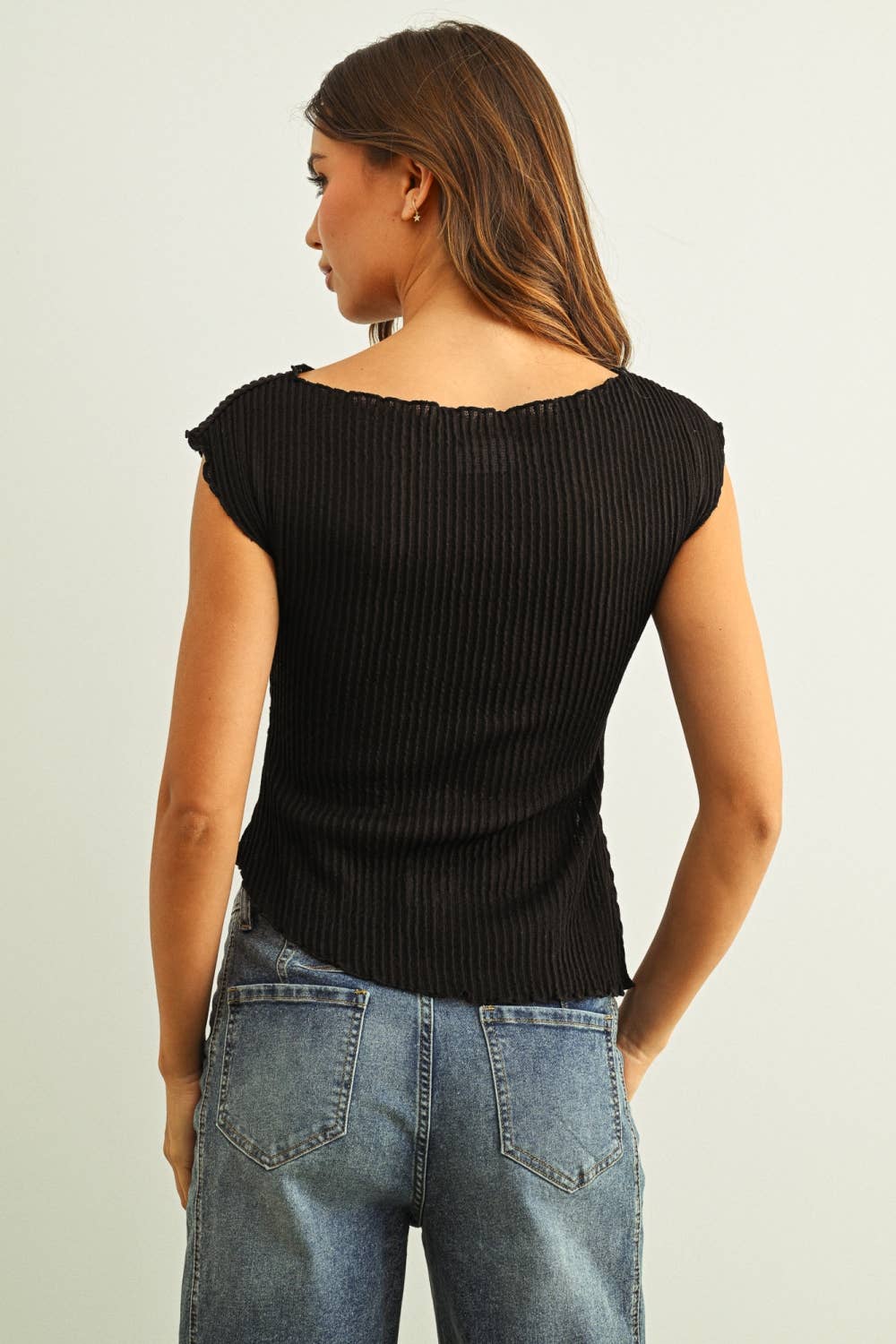 Crinkled Cap Sleeve Shirred Tee