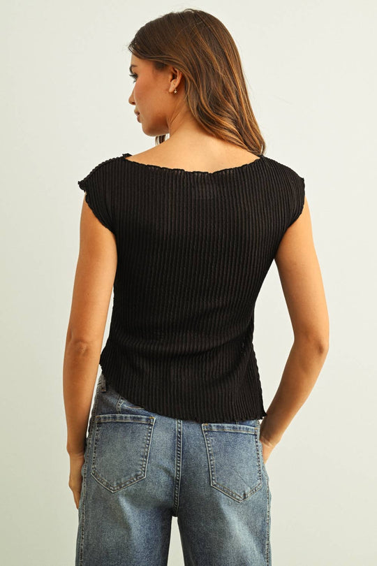 Crinkled Cap Sleeve Shirred Tee