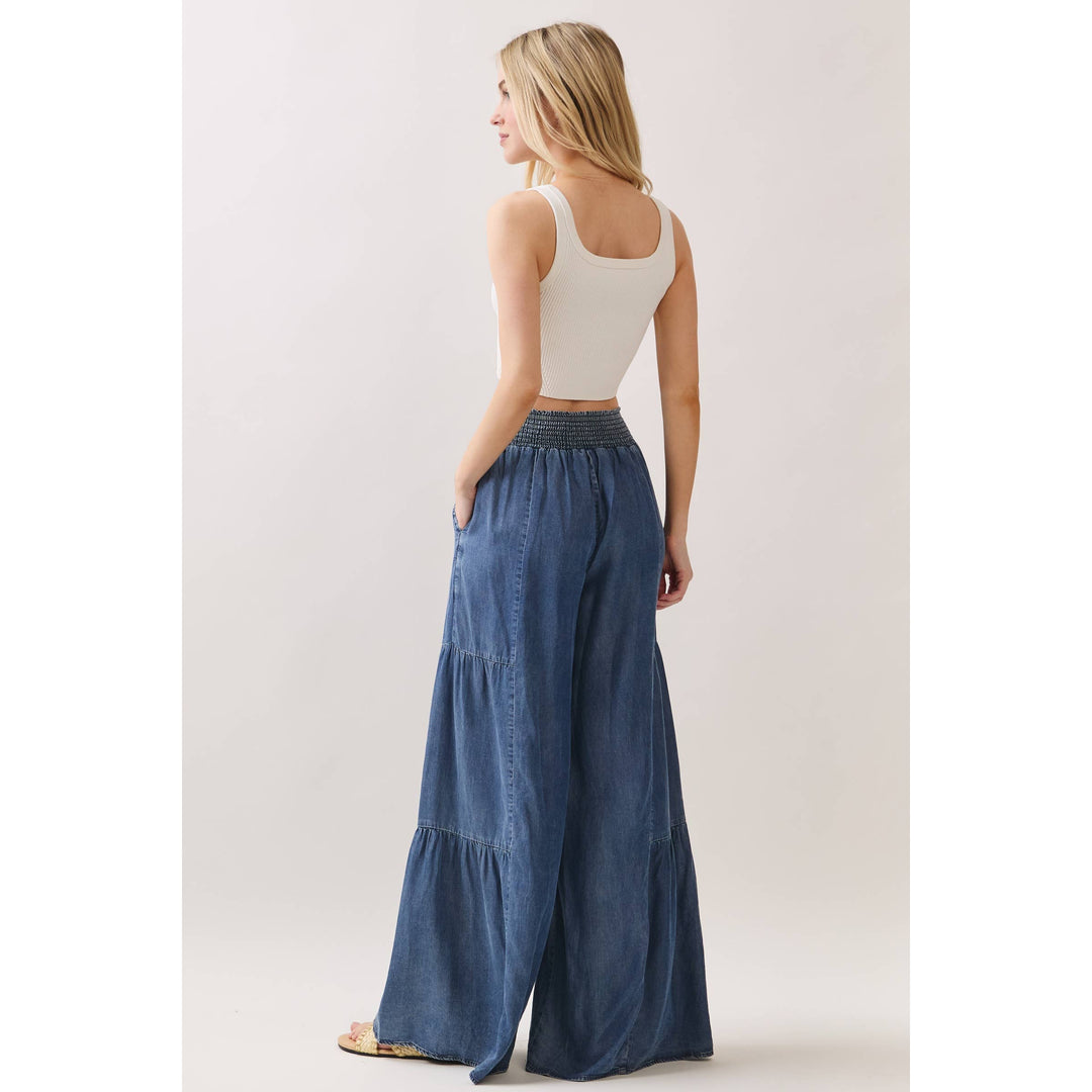 Denim Tencel Tiered Wide Leg Pants