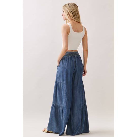 Denim Tencel Tiered Wide Leg Pants