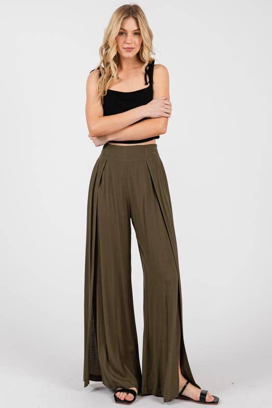 Solid Front Slit Wide Leg Pants