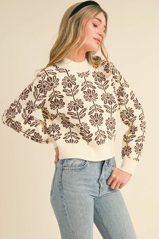 Chocolate Brown Floral Knit Sweater