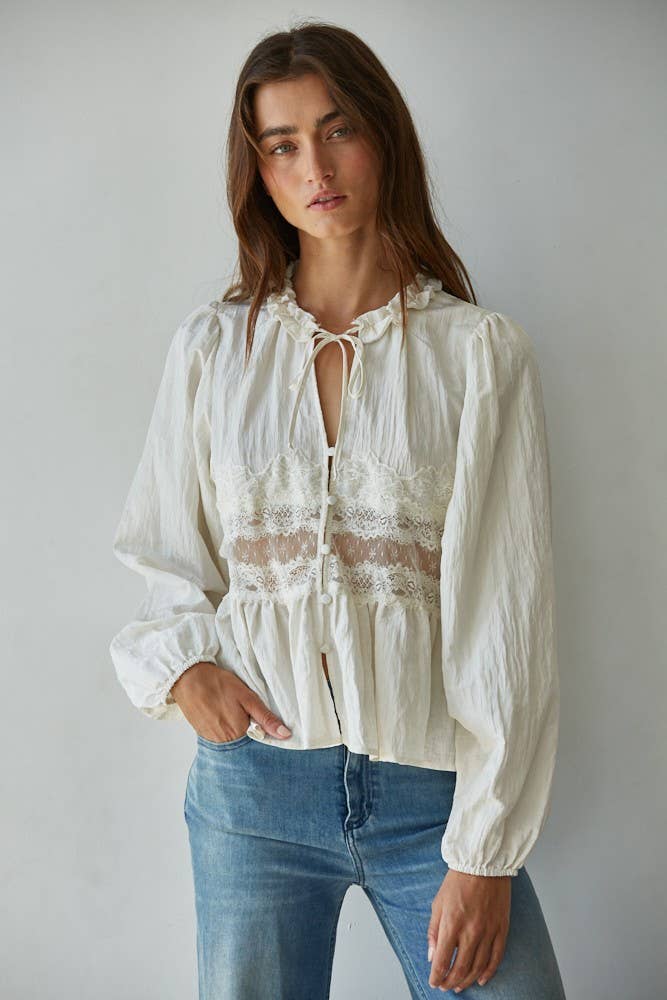 Woven Sheer Lace Detail Blouse