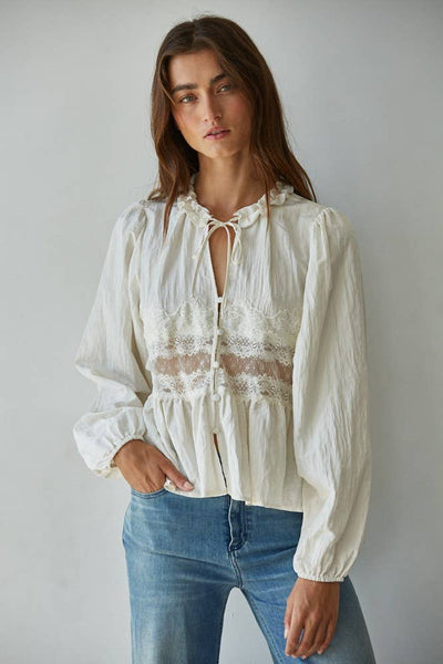 Woven Sheer Lace Detail Blouse