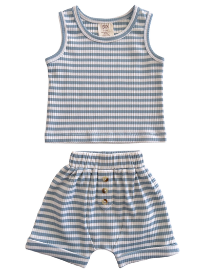 SIIX Collection Dusty Blue Stripe / Organic Ribbed Tank & Short Set (Baby) - Simple Good