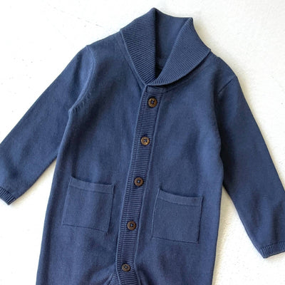 Viverano Organics Milan Earthy Shawl Sweater Knit Baby Jumpsuit Organic Cotton: Dusty Blue / 3-6 Month - Simple Good