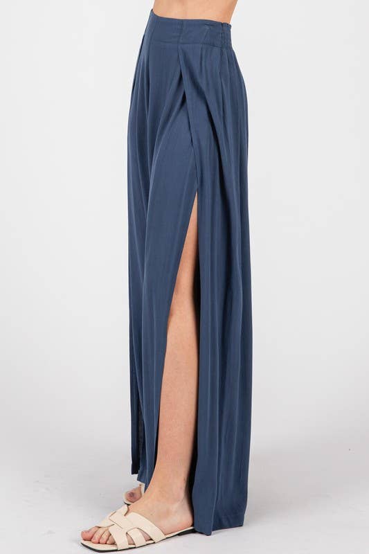 Solid Front Slit Wide Leg Pants