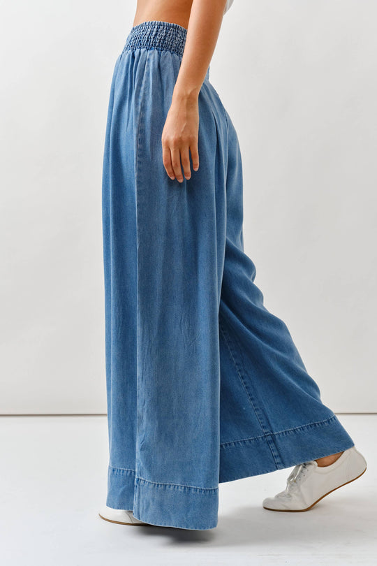 Smock Waist Soft Denim Wide Trousers