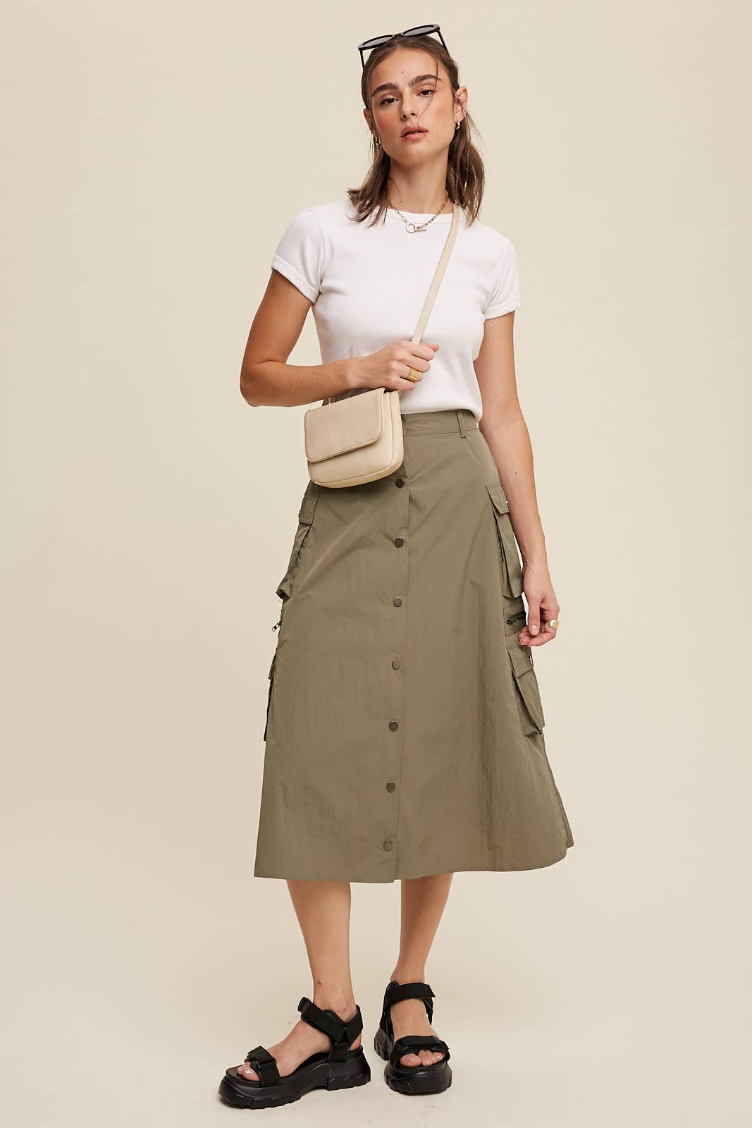 Parachute Button-Front Cargo Midi Skirt