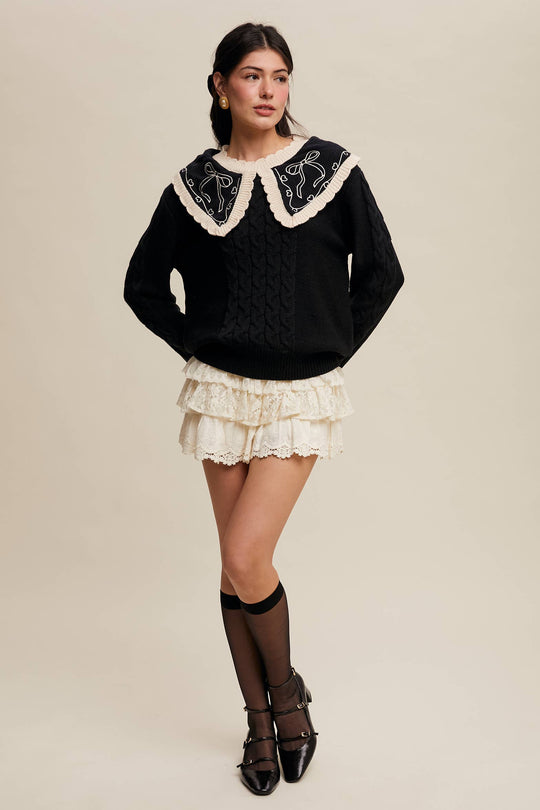 Bow Embroidered Cable Knit Sweater