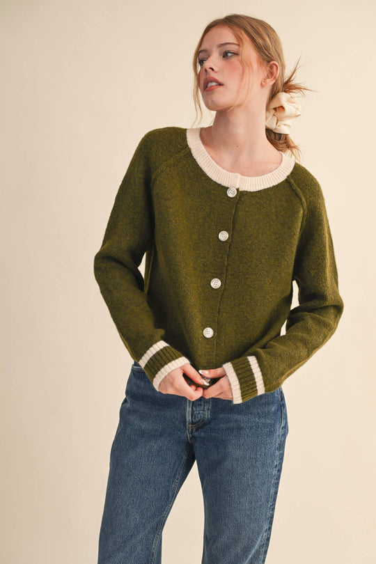 Olive & Cream Round Neck Cardigan